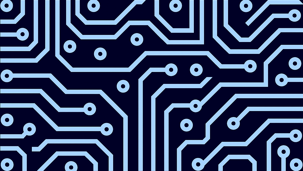A repeating circuit board pattern with light blue conductive traces and circular pads on a dark navy background.